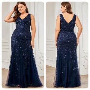 Ever Pretty Sleeveless Sequin Floral V Neck Formal Mermaid Gown Navy Blue 14